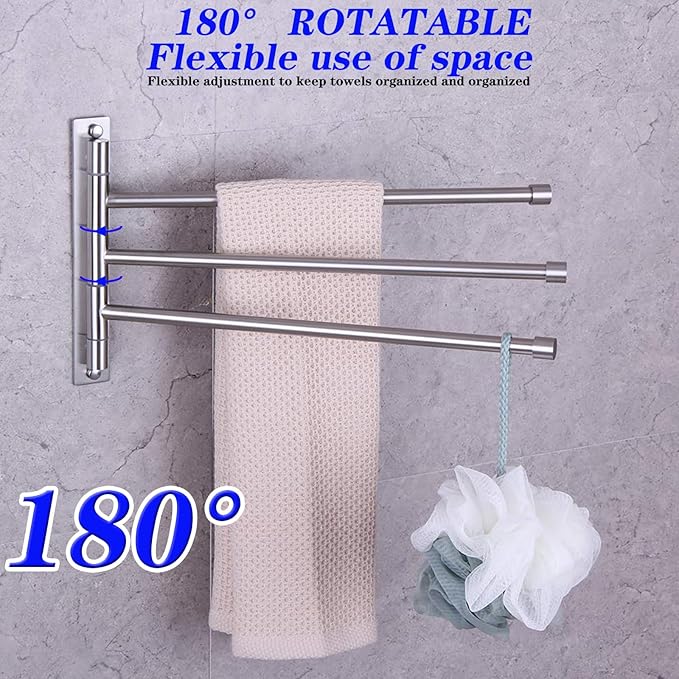 GERZWY Bath Towel Holder Swing Out Towel Bar SUS 304 Stainless Steel Bathroom Hand Towel Rack 3-Bar Folding Arm Swivel Hanger Wall Mount Brushed Finish HYG03-LS
