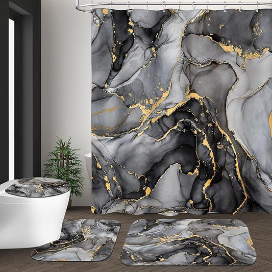 NBVKO 4 Pcs Black Marble Shower Curtain Sets with Rugs Gold Bathroom Sets with Shower Curtain and Rugs Modern Abstract Bathroom Decor Accessories Shower Curtains for Bathroom Toilet Lid Cover