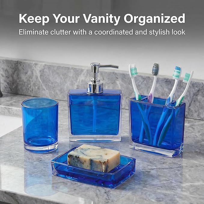 Bathroom Accessories Set, Acrylic Bathroom Accessory Set with Soap Dispenser,Soap Dish, Toothbrush Holder, Tumbler, Modern Bathroom Accessories Decor,Gift for Home (Blue-5)