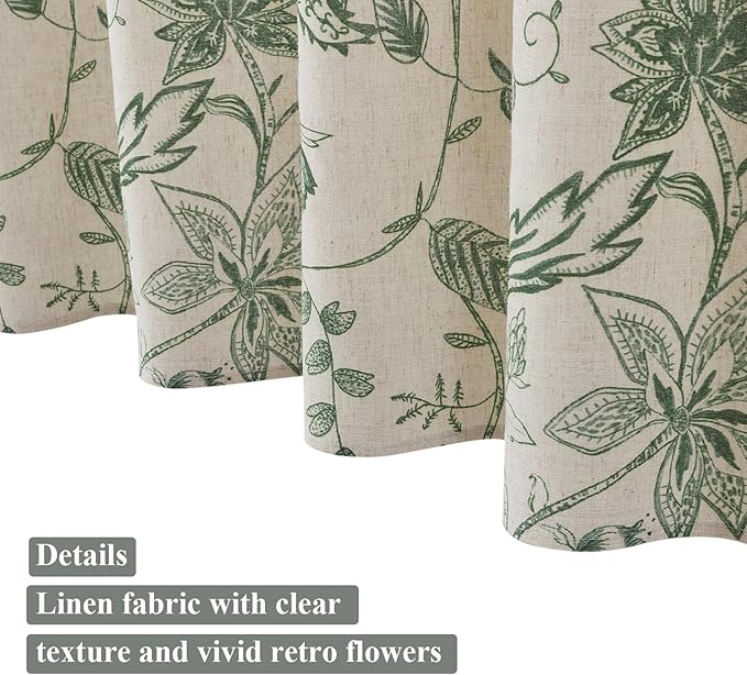 ORTIGIA Linen Shower Curtain Farmhouse Vintage Green Floral Shower Curtains Boho Rustic Cottagecore Curtains for Bathroom Decoration 72 W x 72 L