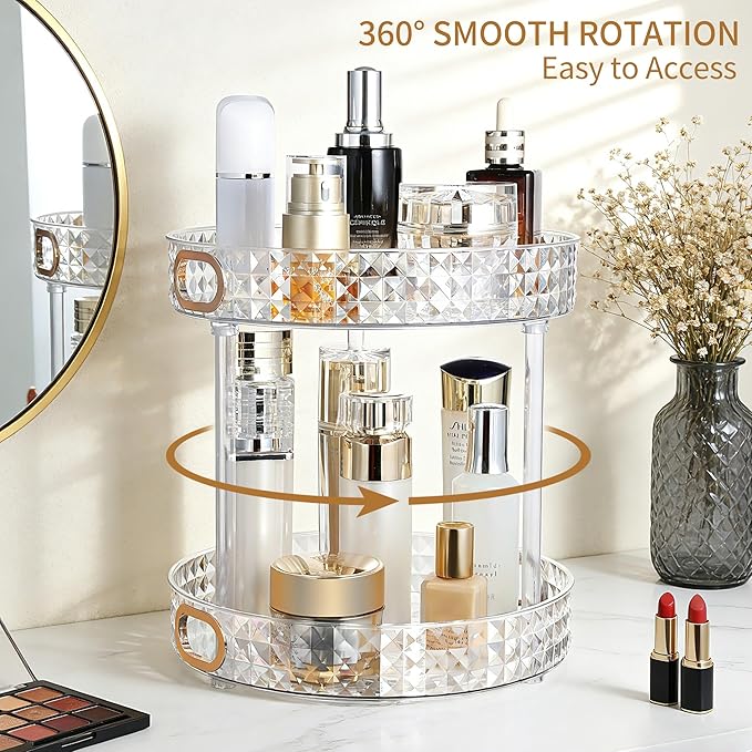 360 Rotating Makeup Organizer, 2 Tier Diamond Pattern Perfume Organizer, 10.6" Large Capacity Skincare Lotion Organizer, Designed for Vanity and Bathroom Countertops, Clear