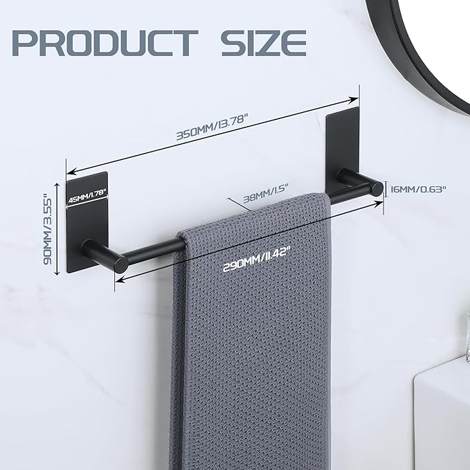 Alise Adhesive Towel Bar 12 Inch Towel Racks for Bathroom SUS 304 Stainless Steel,Bathroom Towel Holder No Drill, Strong Self Adhesive Towel Hanger Wall Mounted,Matte Black