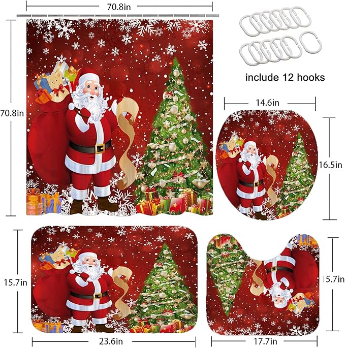 NBVKO 4PCS Christmas Santa Claus Snow Red Shower Curtain,with Non-Slip Rugs,Toilet Lid Cover and Bath Mat,Christmas Tree Bathroom Shower Decor Accessory Set