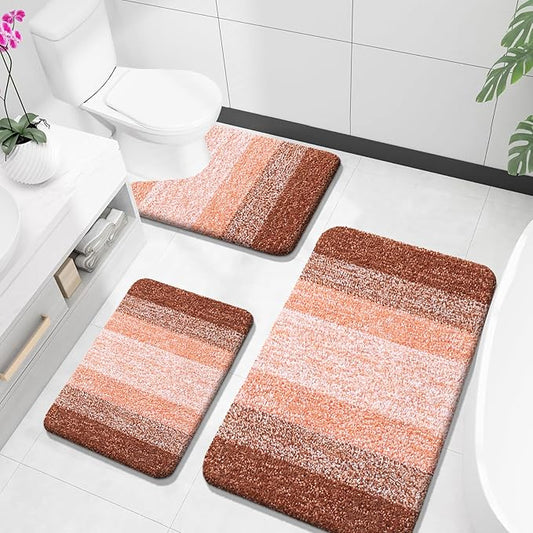 OLANLY Bathroom Rugs Sets 3 Piece, Soft Absorbent Microfiber Bath Mats and U-Shaped Contour Toilet Rug, Plush Shaggy Bath Mat Set for Bathroom (36"x24"+24"x16"+24"x20", Orange)