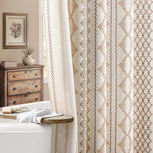 Boho Linen Shower Curtain for Bathroom with Striped Print,72" W x 78" L,Beige,Long Size