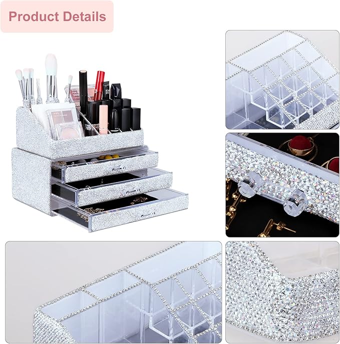 KEYPOWER Makeup Organizers Drawer Bling Diamond,Fashion Countertop Jewelry Cosmetic Storage Display Boxes,Makeup Brush Holder, Cosmetic Holder,2 Pieces Set(Purely Handmade)(White)
