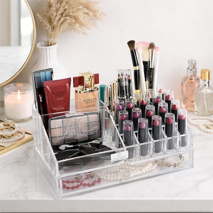 Decozen Makeup Organizer - Vanity Storage with Multiple Compartments and Drawers for Brushes, Lipsticks, Jewelry, Perfect for makeup organizer countertop, makeup holders and organizers, Gift for Mom