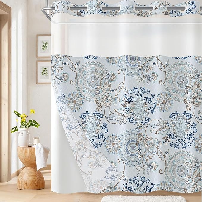 Neasow No Hook Shower Curtain with Snap in Liner, Light Blue and Navy Paisley Floral Curtains with Waterproof Inner Liner for Bathroom, Cool Teal 72×74 inches