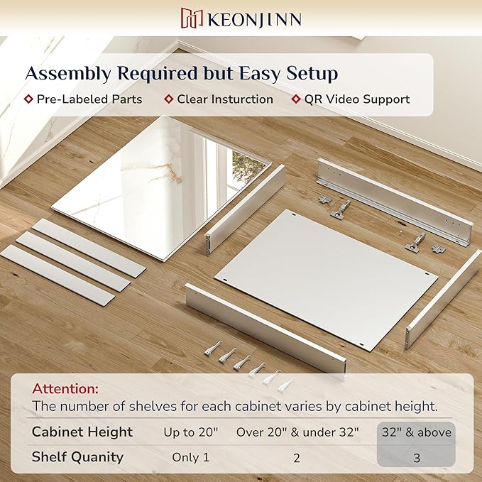 Keonjinn 48 x 32 Inch Oversized Medicine Cabinet for Bathroom with Mirror, Assembly Required, Silver Aluminum Structure, Free Adjustable Shelves, Combined Recessed or Surface Mount Wall Cabinet