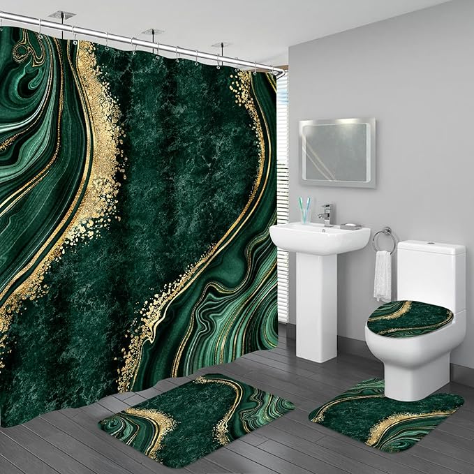 4PCS Emerald Green Gold Marble Shower Curtain Sets with Rugs, Abstract Bathroom Sets with Shower Curtain and Rugs, Bathroom Curtains Shower Set with Toilet Lid Cover for Bathroom Decor