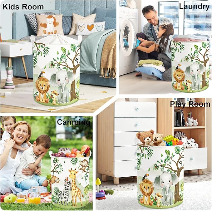 Forest Animals Laundry Hamper Woodland Tree Large Storage Basket Parents Organizer Kids Clothes Toy Bins for Bedroom, Bathroom, Elephant, 63L
