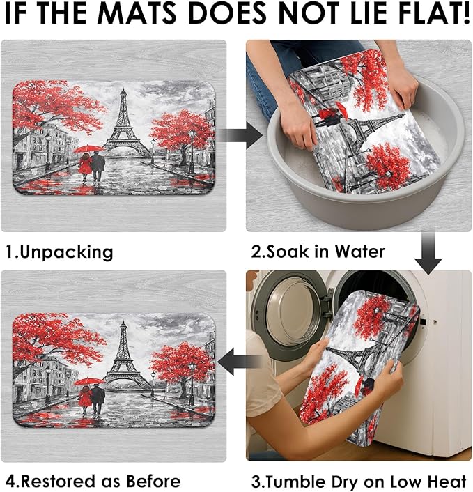 Britimes 4 Piece Shower Curtain Sets, Red Background Paris Eiffel Tower with Non-Slip Rugs, Toilet Lid Cover and Bath Mat, for Bathroom Decor Set, 72" x 72"