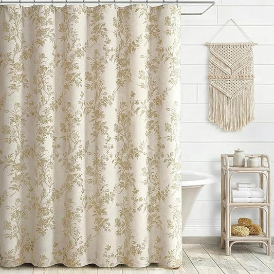 Beige Shower Curtain Vintage Linen Shower Curtain Floral Shower Curtains for Bathroom Boho Farmhouse Shower Curtains(Natural Linen,72"x84")