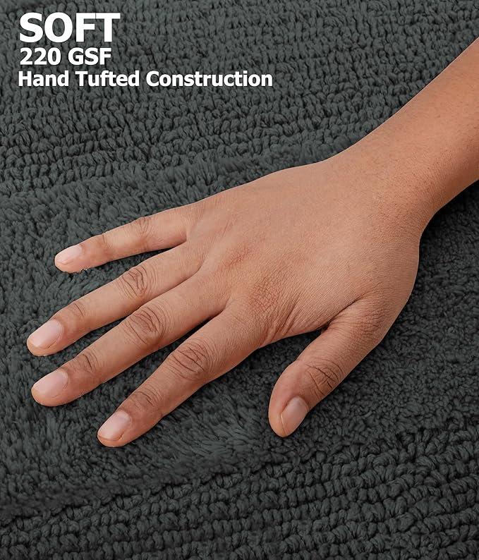 COTTON CRAFT Luxurious Bath Mat Rug - Set of 2 Reversible Heavyweight Step Out Bath Mats for Bathroom Floor, Tub and Shower - Pure Cotton Soft Plush Absorbent Hand Tufted Mat - 17 x 24 - Charcoal Grey
