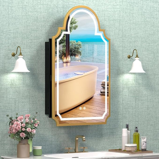 20"x32" LED Medicine Cabinet with Mirror, Recessed or Surface Mount Medicine Cabinets for Bathroom, Full Metal, Decorative Art Arched Mirror with Storage, 2 Shelves and 1 Organizer Box, Bling Gold