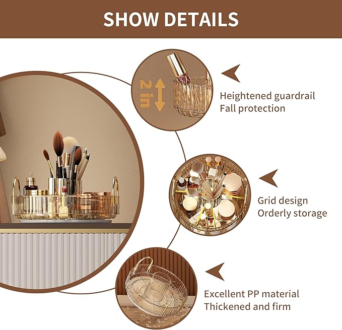 YCIA&DONE Rotating Makeup Organizer for Vanity, Large Capacity Make Up Storage Skin care Shelf Perfume Holders Cosmetic Dresser Organizer Countertop Spinning 360 (Amber Gold, 1Tier)