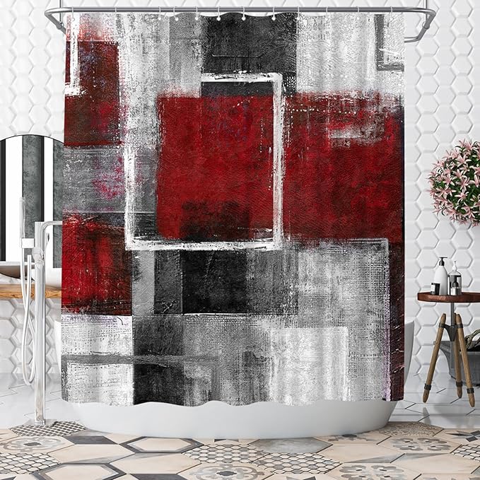 WELMECO Abstract Red Shower Curtain Geometric Shower Curtain Bathroom Decor Polyester Fabric 72x72inch (Red)