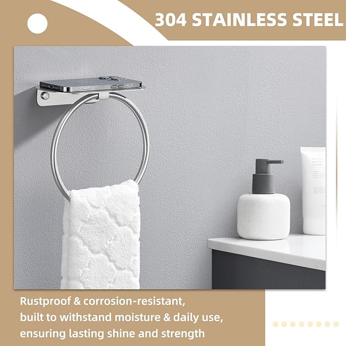 APLusee Towel Ring with Shelf Brushed Nickel, 304 Stainless Steel Rustproof Wall Mounted Holder, Space-Saving Storage for Hand Towels & Bathroom Essentials