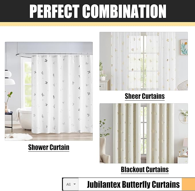 Jubilantex Butterfly Shower Curtain for Bathroom, White Silver Print Farmhouse Waterproof Bathroom Decorative Rustic Kids Shower Curtain with 12 Rust Proof Grommets for Spa Hotel, 70x72 Inches