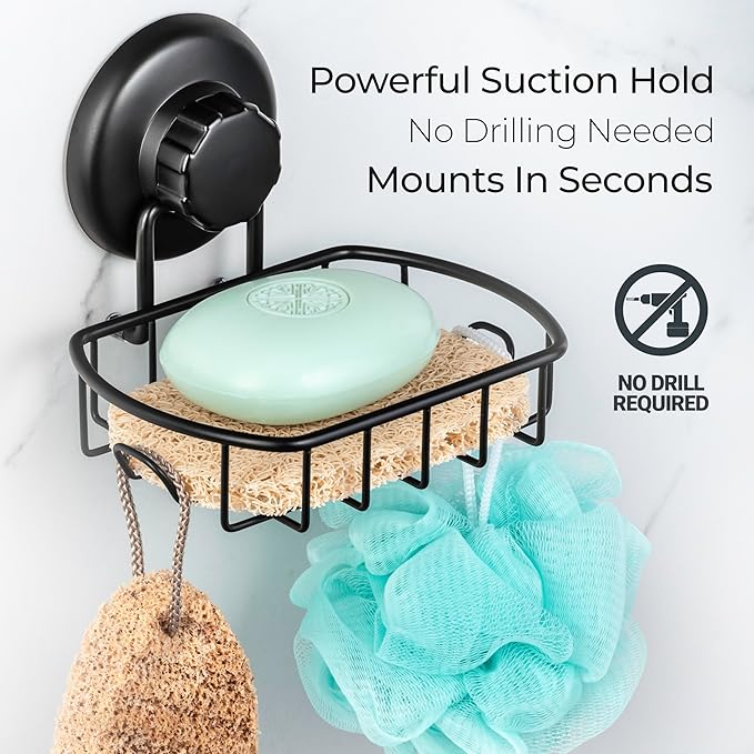 HASKO accessories Suction Soap Dish with Hooks - Super Powerful Vacuum Suction Cup Shower Soap Holder - Rustproof Stainless Steel SS304 Soap Basket - Sponge Holder for Bathroom & Kitchen (Black)