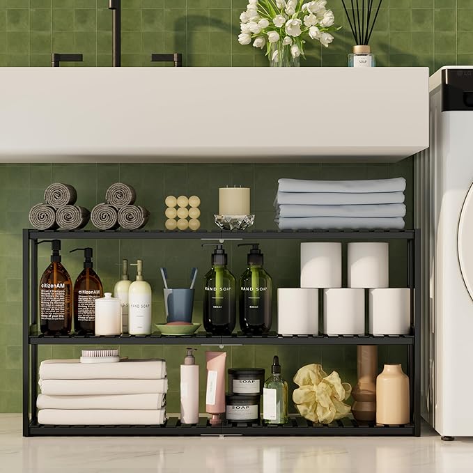Extra Long Bathroom Organizer Storage Shelves 100% Bamboo Adjustable Height Over The Toilet Storage Floating Shelf for Wall Shower Shelf Can Placed in The Bathroom Kitchen Living Room for Multi Usage