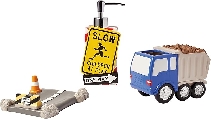 dream FACTORY Trains and Trucks Kids Bathroom Accessories Set - 3-Piece Organizer Décor for Bath Countertop - 1 Toothbrush Holder, 1 Lotion Pump / Soap Dispenser, 1 Soap Dish Tray, Grey