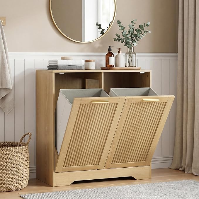 Smuxee Double Tilt Out Laundry Hamper Cabinet, Hidden Laundry Cabinet with Double Baskets, Natural Trash Can with Small Fluted Doors for Bathroom, Kitchen
