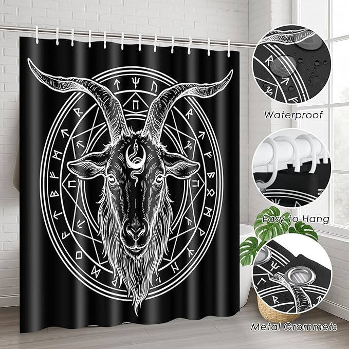 ArtSocket 4 Pcs Shower Curtain Set Goth Geometry Shapes Satan Retro Rock with Non-Slip Rugs Toilet Lid Cover and Bath Mat Bathroom Decor Set 72" x 72" Baphomet