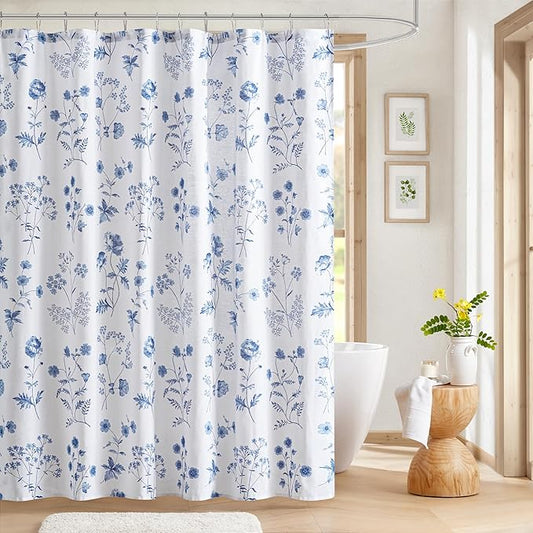 Martha Stewart Martha's Garden Shower Curtain Botanical Floral Print Cotton Shower Curtain for Bathroom, Spa Quality Modern Shower Curtains Standard Size, 72x84 Blue