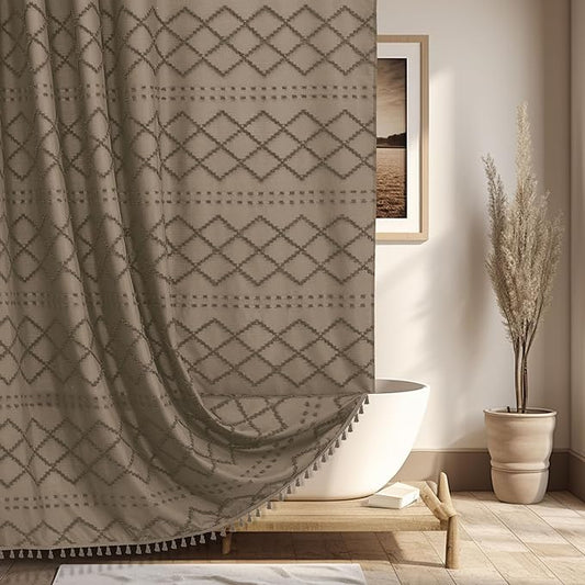 Extra Long Boho Farmhouse Shower Curtain - Woven Fabric Khaki 84 Inch, 72 x 84 Tufted Chevron Textured Striped Modern Minimalist Cloth for Bathroom