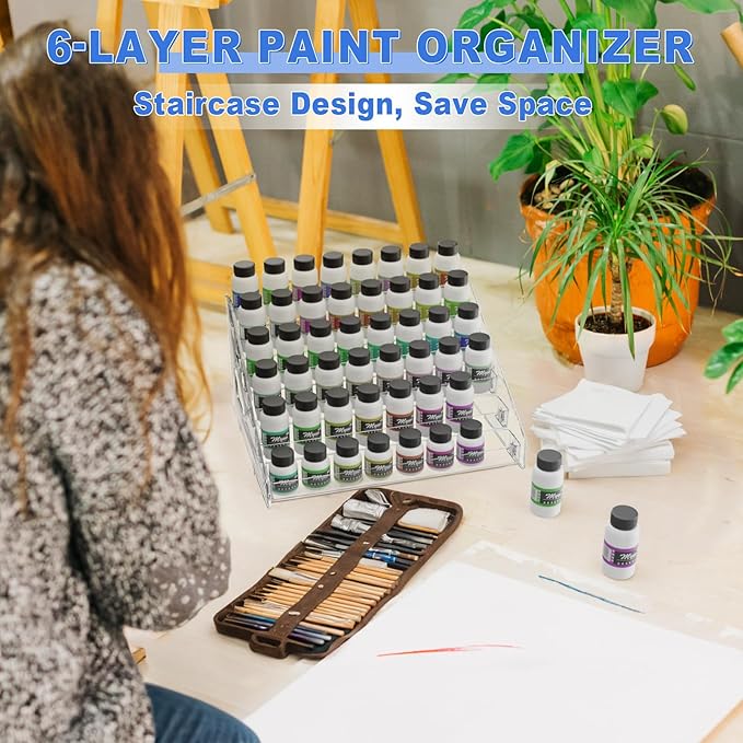 6 Layers Acrylic Paint Organizer, Painting Bottle Holder, Miniature Paint Holder, Craft Hobby Rack Shelf, Snap-on Design Easy Assembly Storage Rack for Citadel, Apple Barrel, Folkart -2oz Craft Paints