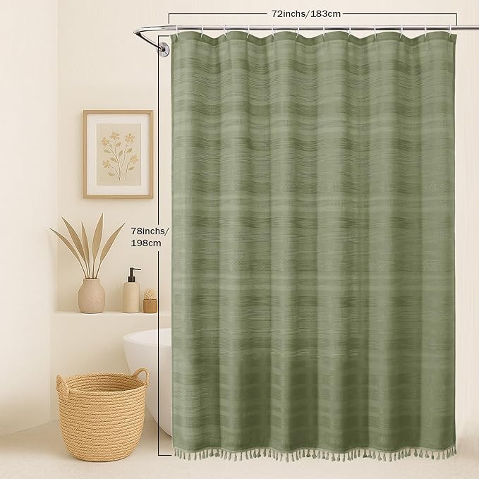 OVZME Sage Green Shower Curtain 78 Inch Long, Boho Thick Linen Textured Shower Curtain with Tassel, Farmhouse Minimalist Striped Weighted Machine Washable Bathroom Decor, 72Wx78L Inches
