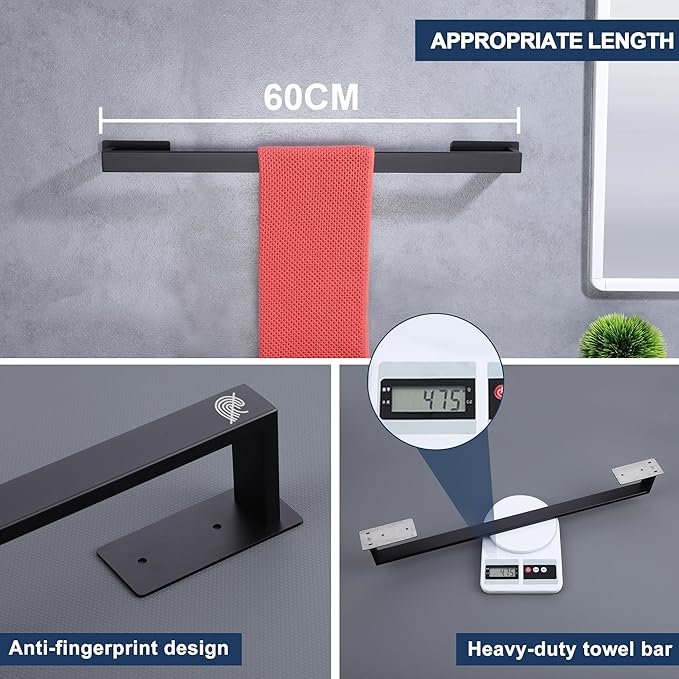 LANC Matte Black 24-Inch Bath Towel Rack Self-Adhesive Bathroom Towel Bar for Wall Mounted and Drill Free Towel Rod, Sticky on Kitchen Bathroom Towel Holder Stainless Steel, A8310MB-L6