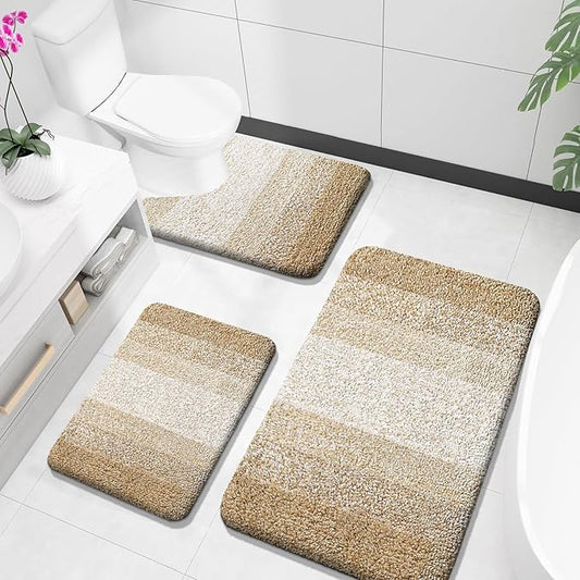 OLANLY Bathroom Rugs Sets 3 Piece, Soft Absorbent Microfiber Bath Mats and U-Shaped Contour Toilet Rug, Plush Shaggy Bath Mat Set for Bathroom (36"x24"+24"x16"+24"x20", Tan)