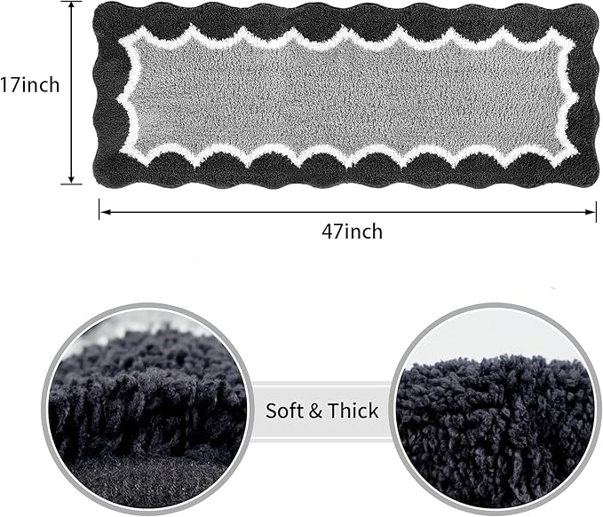 Scalloped Black Bathroom Rugs Mat,Non Slip Absorbent Quick Dry Bath Mats for Shower Room,Plush Microfiber Bath Rug for Bathroom Floor Washable Carpet for Shower Tub Sink Bedroom,17"x47"