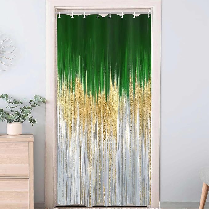 JAWO Abstract Green Shower Curtain, Lake Blue Boho Ombre Minimalist Chic Art Shower Curtains, Modern Neutral Contemporary Striped Brush Strokes Tan Art Waterproof Bathroom Curtain with 12 Hooks