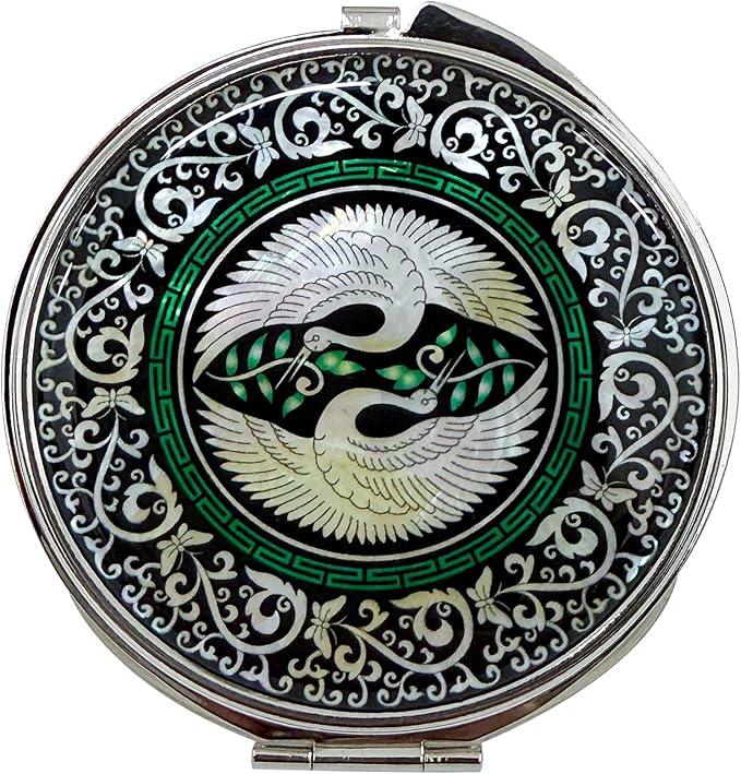 Portable Makeup Compact Double Magnifying Mirror Cosmestic Foldable Pocket Style Unique Mother of Pearl Design (Crane)