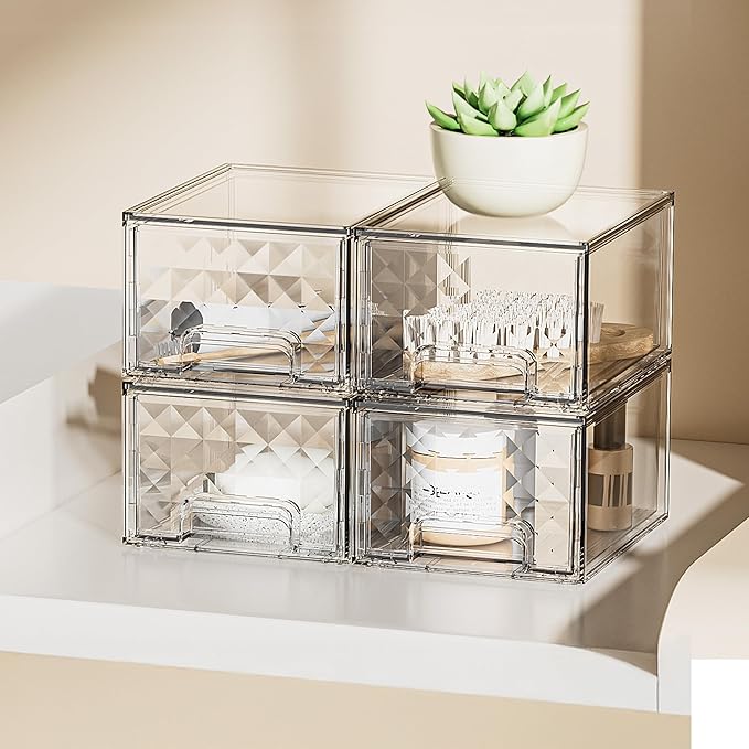 Delamu 2 Pack Stackable Storage Drawers, Makeup Skincare Holder Vanity Storage Organizer, Plastic Drawers For Vanity Desk, Undersink, Kitchen Cabinet, Pantry, Clear, Ideal Christmas Gifts for Girls