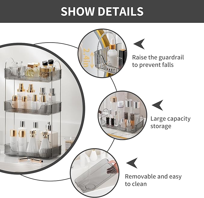 Bathroom Organizer Countertop, Vanity Trays for Skincare Makeup, Counter Organizer for Cosmetics, Toiletries, Lotions, Perfumes (3 Tiers, Grey)