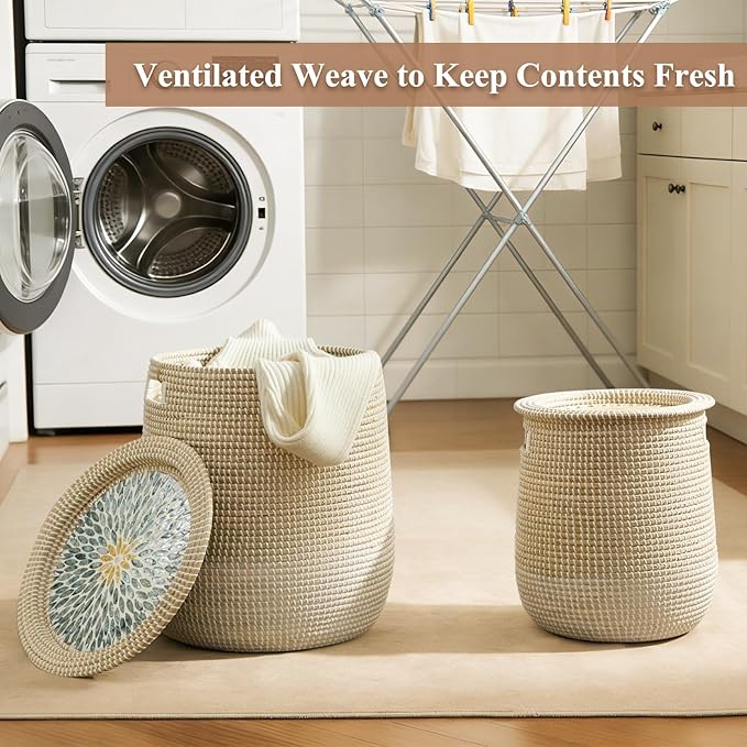 Laundry Hamper Basket with Lid - 2 Pack Natural Seagrass Handmade Storage Hamper, Removable Washable Liner, Storage Basket for Clothes Toys, Decorative Organizer for Bedroom, Bathroom, Living Room