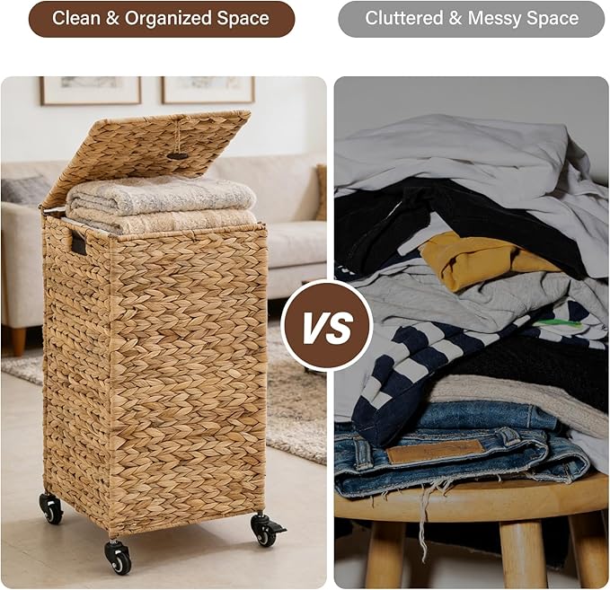 Hand-Woven Laundry Basket with Wheels, Natural Water Hyacinth Laundry Hamper with Lid, Removable & Machine-Washable Liner,Clothes Hamper for Bathroom and Laundry Room(65L,Natural)