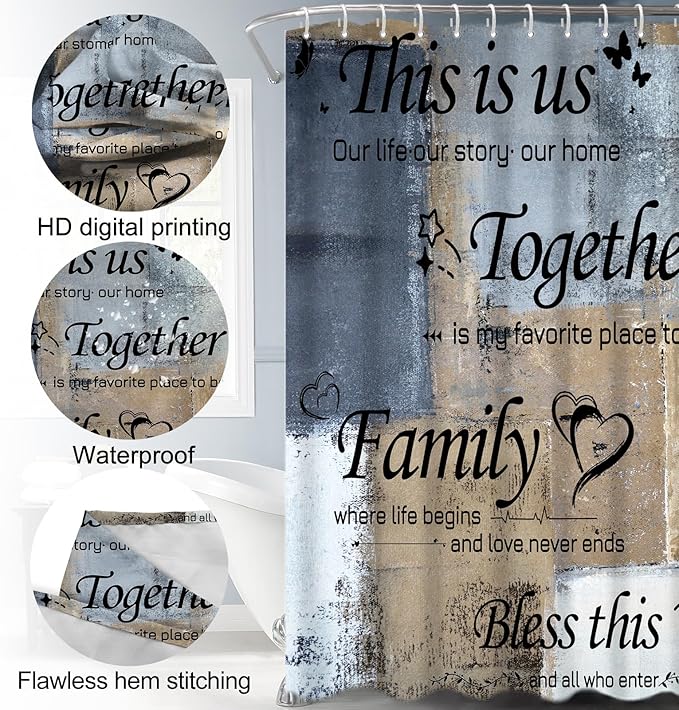 Lnond 4Pcs Bathroom Shower Curtain Sets with Rugs, Navy Blue and Brown Motivational Home Family Bathroom Sets with Shower Curtain and Rugs and Accessories