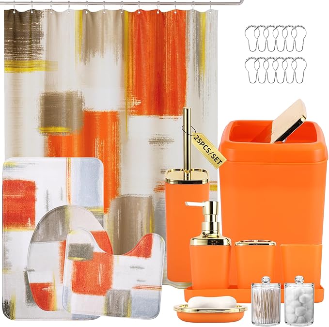 XLHOMO Bathroom Set - Orange Bathroom Accessories Set, Bathroom Sets with Shower Curtain and Rugs, Orange Shower Curtain Set with Bathroom Trash Can, Soap Dispenser, Soap Dish for Home Decor
