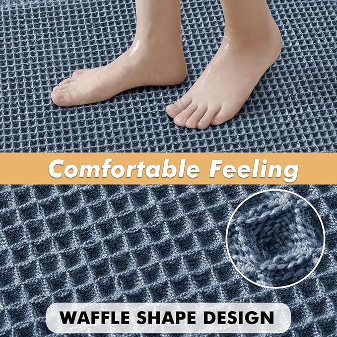 MIULEE Set of 2 Waffle Bathroom Rugs, Boho Bath Rugs Non Slip Washable, Super Absorbent Bath Mats, Ultra Soft Rubber Backed Shower Mats for Bathroom Floor, Tub and Shower, Blue, 18x30 Inch