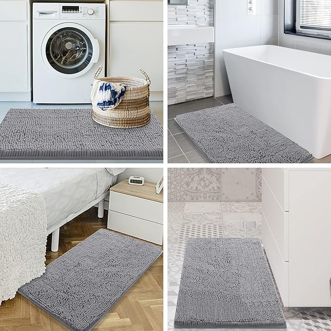 Smiry Luxury Chenille Bathroom Rugs 30x20, Extra Soft and Absorbent Shaggy Bath Mat, Machine Washable, Non-Slip Plush Carpet Runner for Tub, Shower, and Floor, Home Decor Accessories, Light Grey