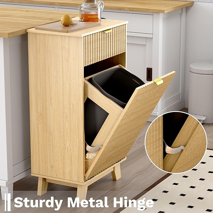 Double Tilt Out Laundry Hamper Cabinet, 20 Gallon Wooden Trash Can Cabinet with Storage Drawers, Hidden Fluted Garbage Can Holder for Kitchen, Living Room (Natural Wood, 39.34"W x 35.83"H x 13"D)