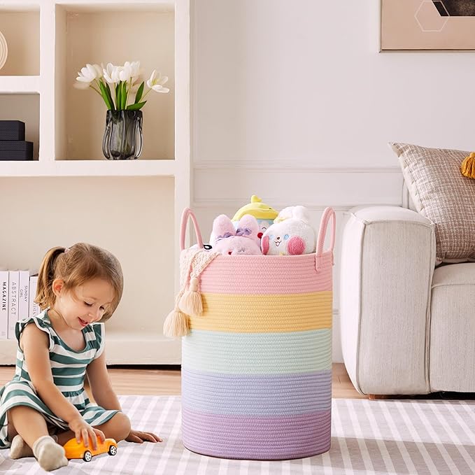 60L Laundry Hamper Basket for Baby Girls and Kids, Pastel Rainbow Unicorn Design, Woven Rope Nursery Storage Bin, Large 15Dx20H Inches for Clothes, Toys in Bedroom or Playroom