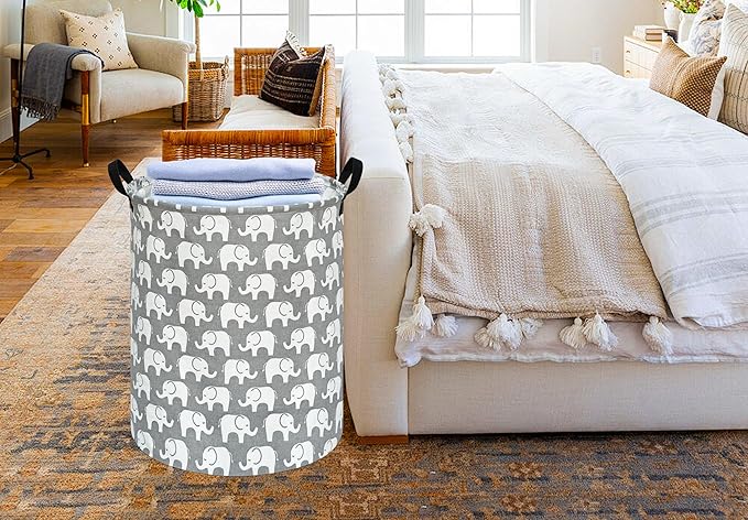 KUNRO Round Laundry Gift Basket Storage Hamper, Clothes Storage Organizer Bins, Shelf Basket with Handles for Room Decor (Elephant)