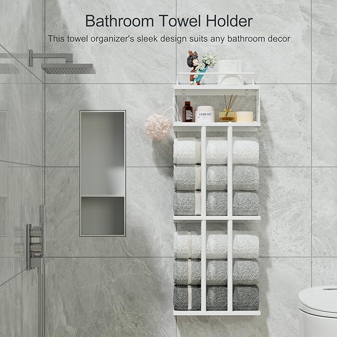 White Towel Rack for Bathroom, Metal Towel Holder for Bathroom Storage Rack with Shelf, 3-Tier Wall-Mounted Towel Organizer - Holds Rolled Towels
