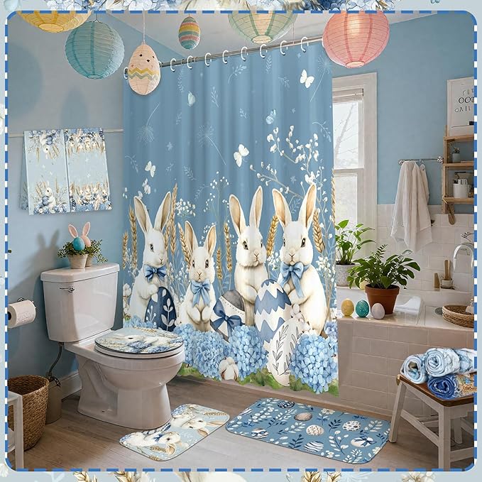 FuWeave 8 Pcs Easter Shower Curtain Set for Bathroom Decor Include Spring Floral Blue Bunny Egg Shower Curtain Hydrangea Towels Non Slip Rugs Toilet Lid Cover Bath Mat and 12 Hooks for Bathroom Decor